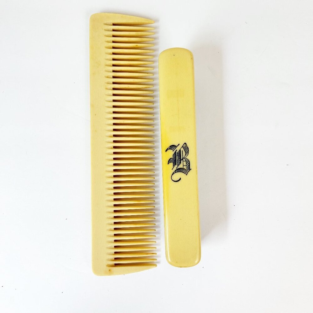 Antique Celluloid Clothes Brush & Hair Comb Monogram "B" Vanity Art Deco